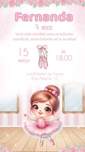 Convite de Aniversário Bailarina Rosa Modelo Editável