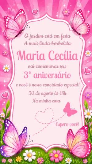 Convite de Aniversário Jardim das Borboletas Rosa Editável