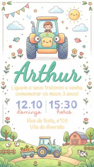 Convite de Aniversário Fazendinha Trator Fofo para Editar