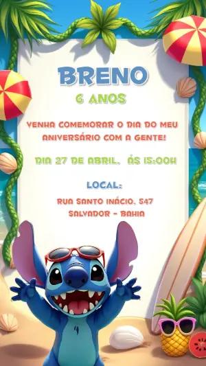 Convite de Aniversário Stitch Praia para Editar Online