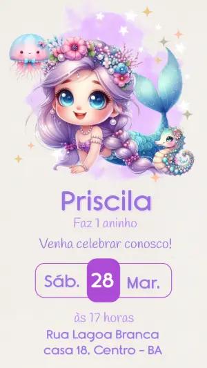 Convite de Aniversário Sereia Fofa Aquarela para Editar