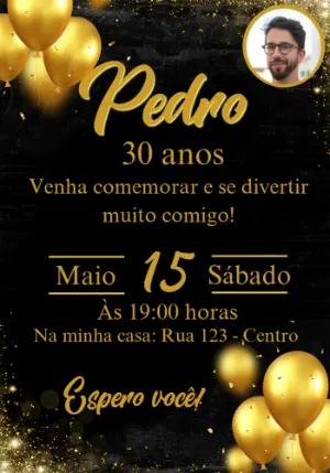 Convite de Aniversário Dourado e Preto com Foto para Editar