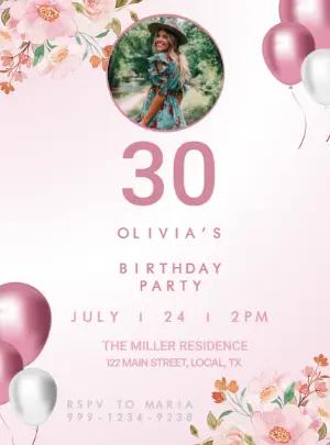 Elegant Floral 30th Birthday Invitation | Editable Digital Template