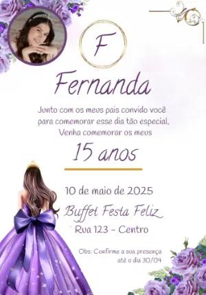 Convite 15 Anos Princesa Lilás com Foto para Editar Online