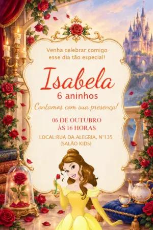 Convite de Aniversário A Bela e a Fera para Editar Online
