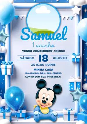 Convite de Aniversário Mickey Baby Azul com Foto Editável