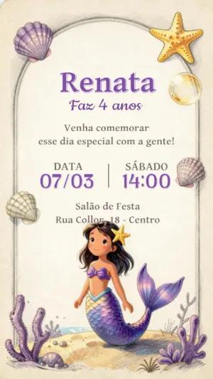 Convite de Aniversário Sereia Morena Aquarela para Editar
