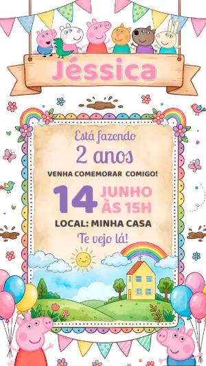 Convite de Aniversário Peppa Pig Colorido para Editar