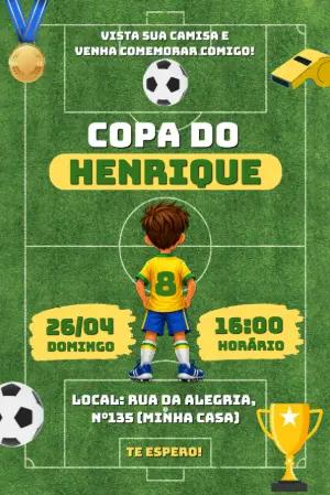 Convite de Aniversário Infantil Futebol Brasil Modelo Editável