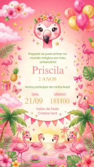 Convite de Aniversário Flamingo Tropical Aquarela Editável