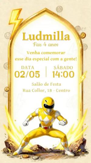 Convite Digital Power Ranger Amarelo para Aniversário Editável