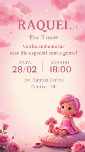 Convite de Aniversário Infantil Boneca Rosa para Editar