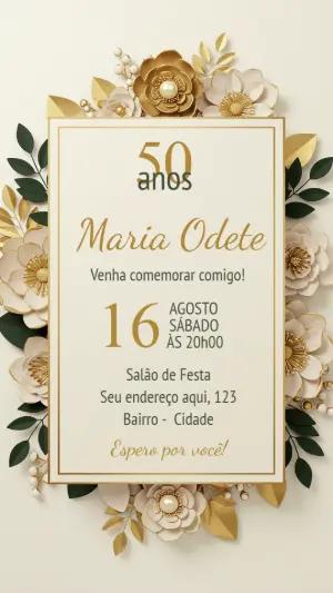 Convite de Aniversário 50 Anos Dourado com Flores para Editar