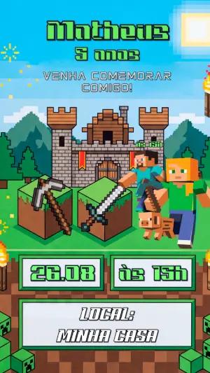 Convite de Aniversário Minecraft: Modelo Digital Editável