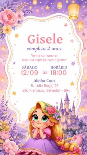 Convite de Aniversário Princesa Rapunzel Editável