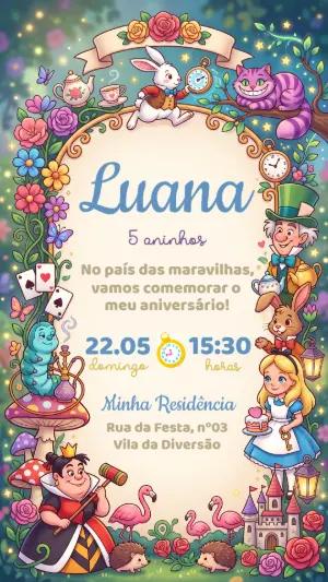 Convite de Aniversário Alice no País das Maravilhas Editável
