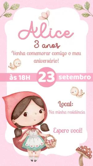 Convite de Aniversário Chapeuzinho Vermelho Aquarela Editável
