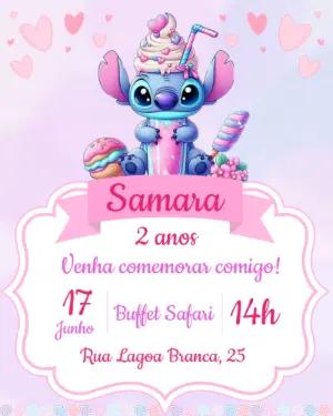 Convite Aniversário Stitch Rosa Candy para Editar Online