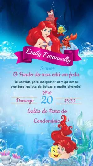 Convite de Aniversário Pequena Sereia Fundo do Mar Editável