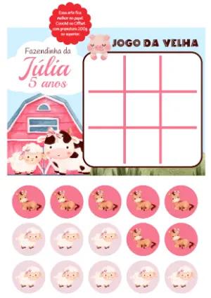 Jogo da Velha Fazendinha Editável para Lembrancinha de Aniversário