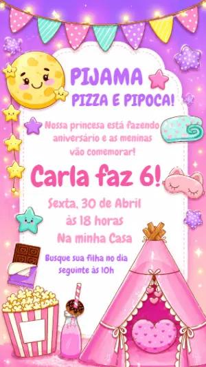 Convite Festa do Pijama Rosa e Roxo | Modelo Editável