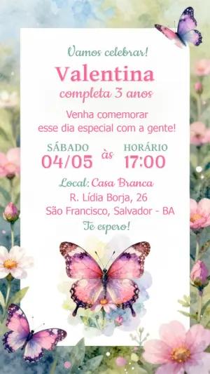 Convite Digital Aniversário Borboletas e Flores para Editar