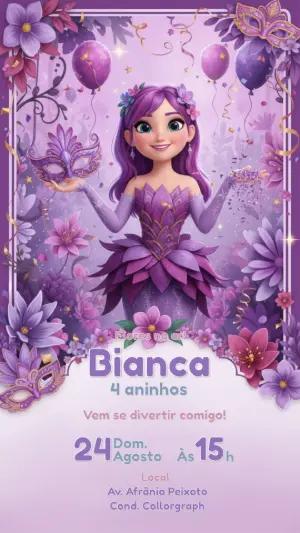 Convite Aniversário Fada das Flores Roxo e Lilás Editável