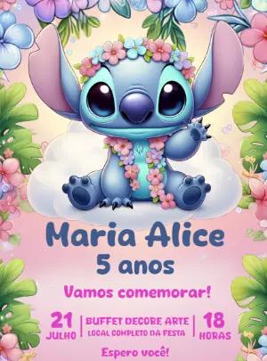 Convite de Aniversário Stitch Fofo Floral para Editar