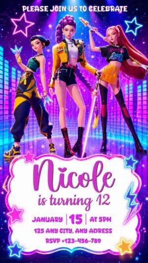 K-pop Demon Hunter Birthday Invitation Editable Template