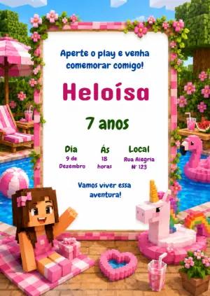 Convite Minecraft Menina Rosa para Aniversário Editável