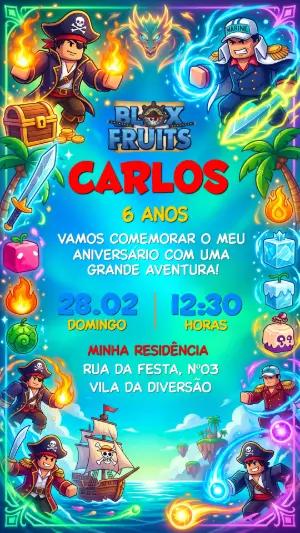 Convite de Aniversário Blox Fruits Gamer para Editar