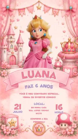 Convite Aniversário Princesa Peach Rosa para Editar Online