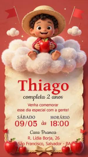 Convite Aniversário Infantil Menino Maçã 3D Modelo Editável
