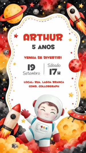 Convite Digital Aniversário Astronauta Infantil Editável