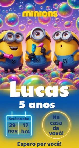Convite de Aniversário Minions com Bolhas Coloridas para Editar