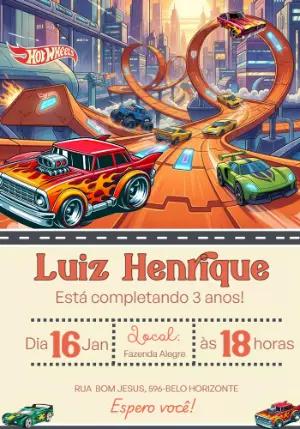Convite Digital Hot Wheels Pista de Corrida Editável