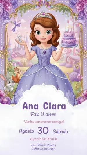 Convite de Aniversário Princesa Sofia Lilás Modelo Editável