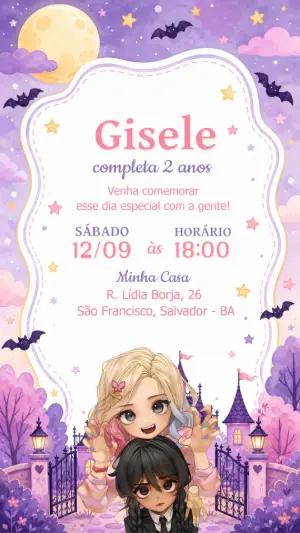Convite Aniversário Wandinha e Enid Editável para Festa Infantil