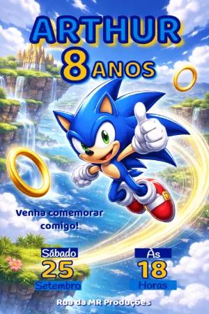 Convite Digital Aniversário Infantil Tema Sonic Editável