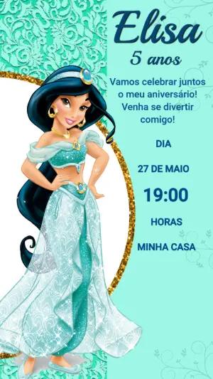 Convite de Aniversário Princesa Jasmine Turquesa para Editar