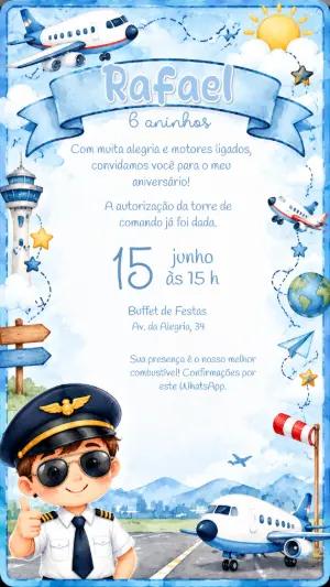 Convite de Aniversário Aviador: Modelo Digital para Editar