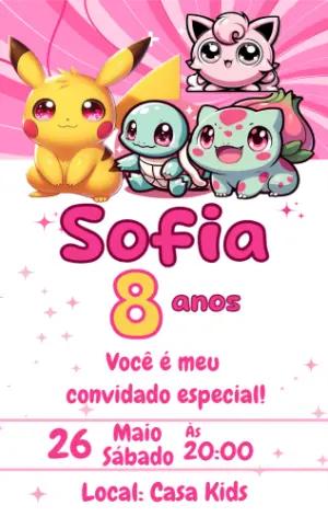 Convite de Aniversário Pokémon Fofo e Rosa para Editar Online