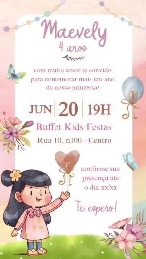 Convite de Aniversário Menina Aquarela para Editar Online