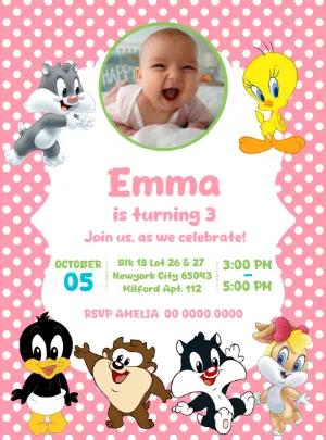 Cute Baby Cartoon Birthday Invitation with Photo | Editable Template