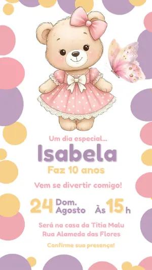 Convite de Aniversário Infantil Ursinha Fofa Rosa Editável