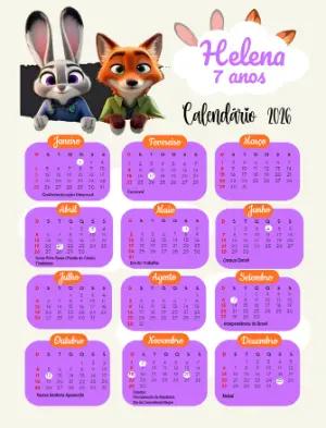 Calendário Infantil Zootopia Editável para Personalizar