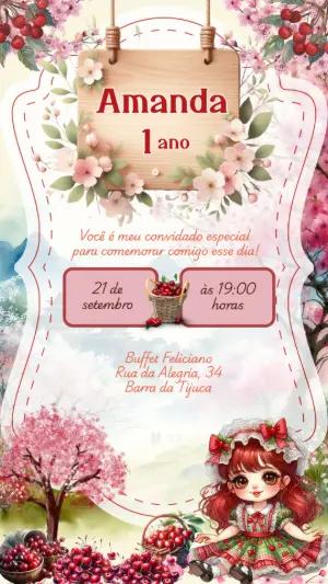 Convite de Aniversário Tema Cerejinha para Editar Online
