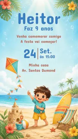 Convite de Aniversário Praia e Pipa para Menino | Modelo Editável