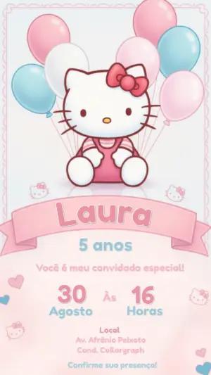 Convite de Aniversário Hello Kitty Rosa e Azul Modelo Editável