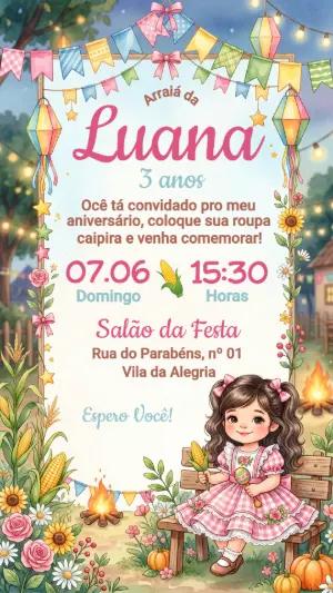 Convite de Aniversário Festa Junina Menina Caipira Editável